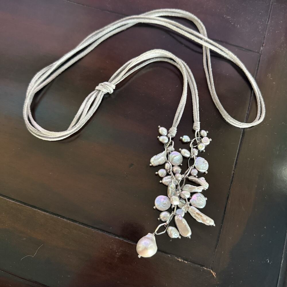 Lucas Lameth Signed Gray Suede Cord Freshwater Baroque Pearl Lariat Necklace